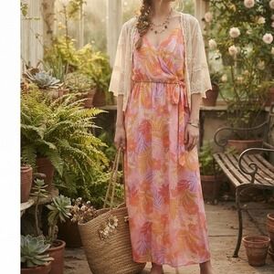 women babydoll maxi dress XL fairycore‎ floral coastal beach vacation tropical